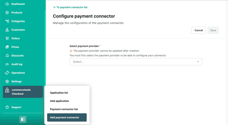 Add payment connector in the Merchant Center navigation menu and the Configure payment connector page.