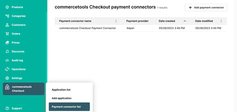 List of payment connectors added to commercetools Checkout.