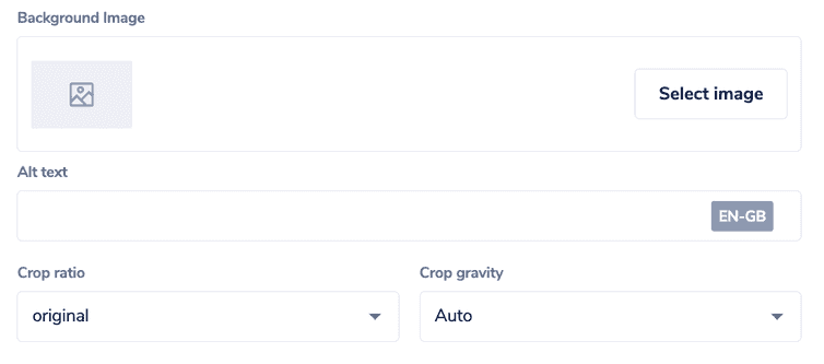 A image field of a Frontend component to select image, alt text, crop ratio, and crop gravity