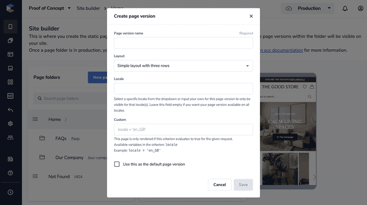 The Create page version dialog with fields to set page version settings