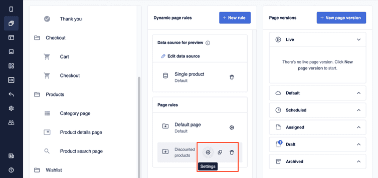 A dynamic page rule selected in the Dynamic page rules pane and the related Settings, Duplicate, and Delete icons displayed