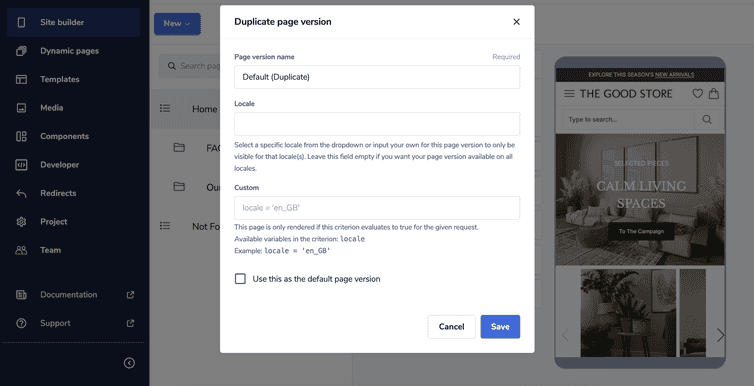 The Duplicate page version dialog with fields to set the duplicate page version settings