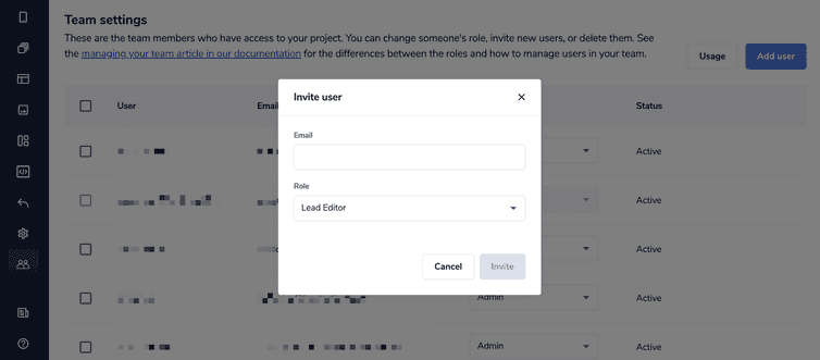 The invite user dialog with the Email field and the Role drop-down.