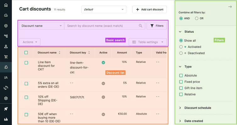 Layout of the Discounts interface with basic search and filter functionalities.