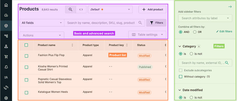 Layout of the Products interface with search and filter functionalities.